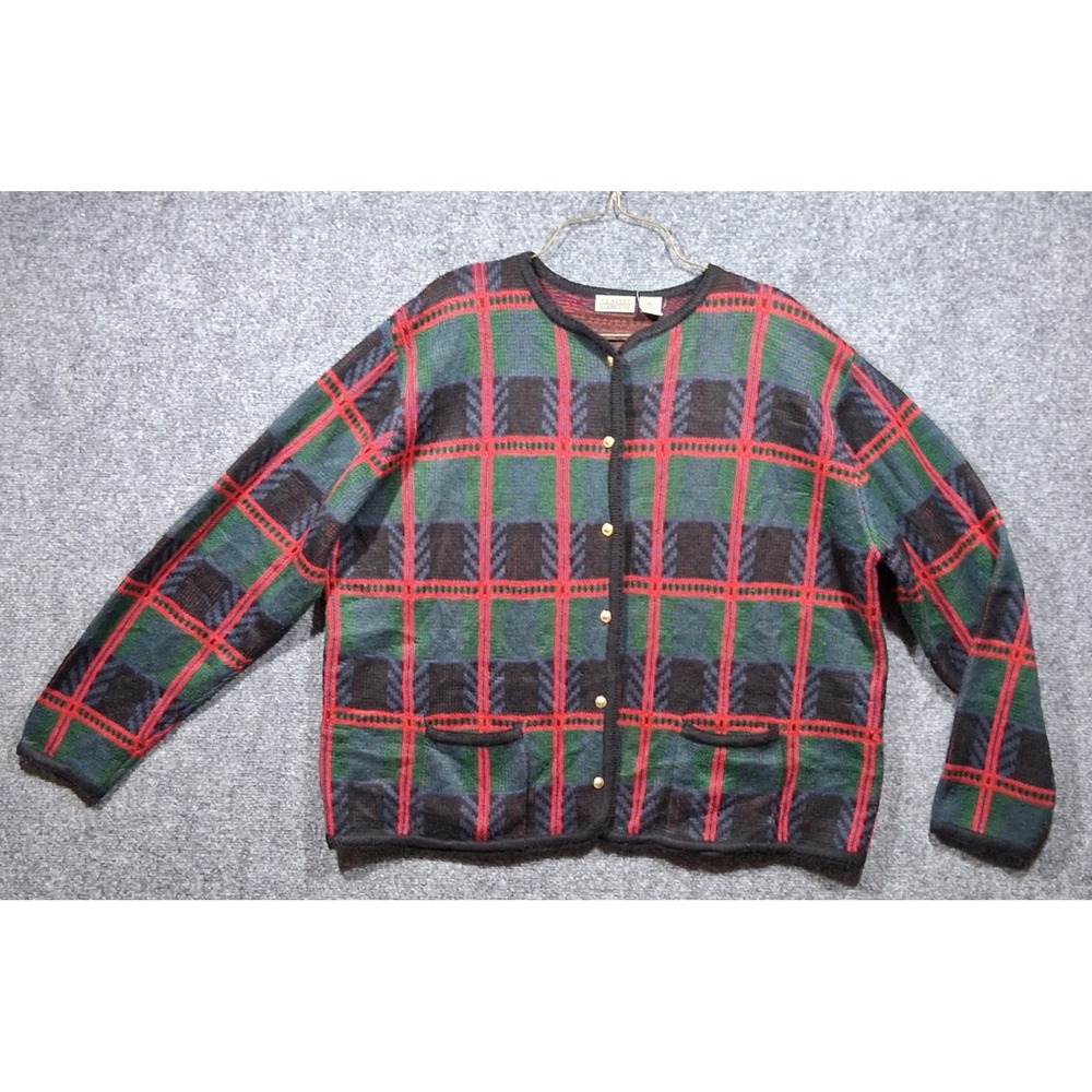 Vintage Plaid Chevron Knit Cardigan Sweater‎ XL Red Green Gold Button Pockets